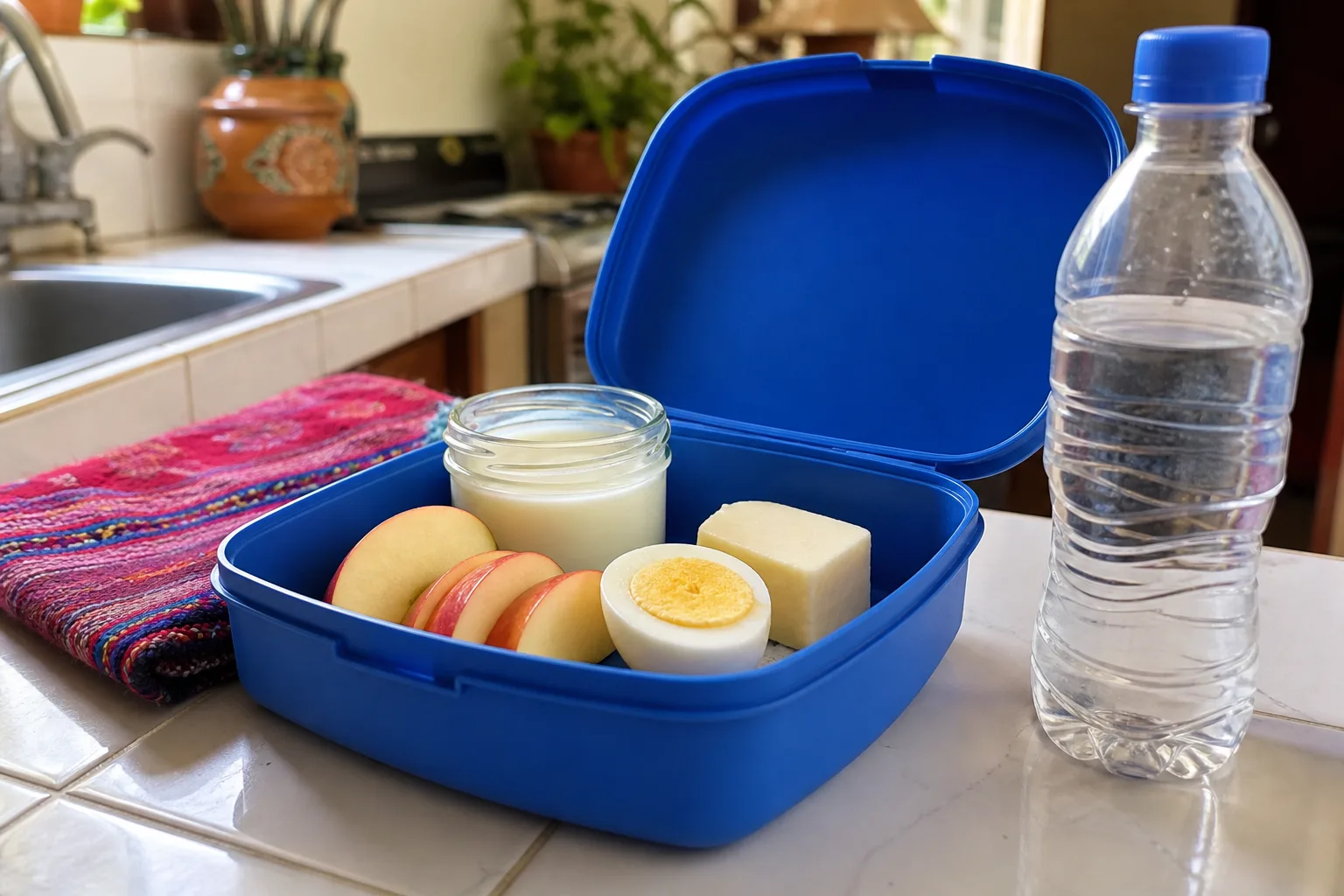 Lonchera con fruta, proteína y agua